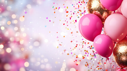 Poster - A festive scene featuring pink and gold balloons with shimmering confetti, creating a cheerful atmosphere perfect for celebrations