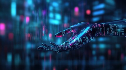 Poster - Futuristic digital hand reaching out in high-tech virtual space an abstract innovation concept