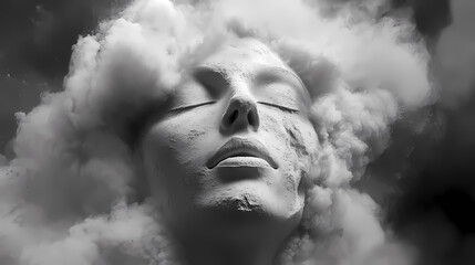 Wall Mural - A serene, sculpted face emerges from a cloud of dust, evoking themes of transformation and ethereality in a monochromatic setting. Ethereality. Illustration