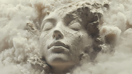 Wall Mural - A serene, sculpted face emerges from a cloud of dust, evoking themes of transformation and ethereality in a monochromatic setting. Ethereality. Illustration