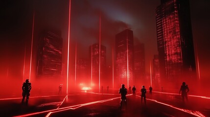 Poster - In a dark future, red lasers cut through mist, casting shadows over cybernetic figures in awe.