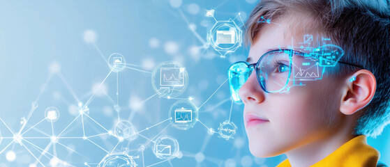 Poster - Innovative student with glasses immersed in futuristic e learning technology, surrounded by digital icons and data visualizations, showcasing bright future in education