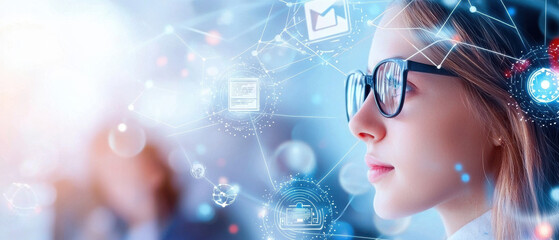Poster - Young woman with glasses contemplating online education and technology, surrounded by digital icons and connections, representing future of learning and innovation