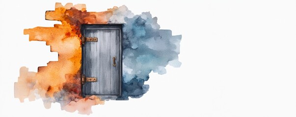 Wall Mural - A wooden door surrounded by vibrant, colorful smoke, symbolizing transition and possibility in a dreamlike, artistic setting.