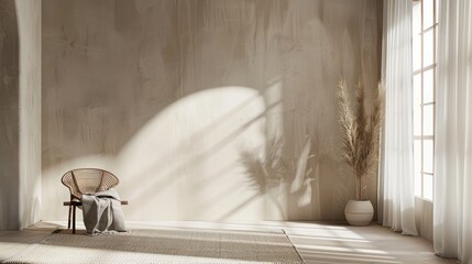 Poster - Soothing beige backdrop with subtle window curtain shadows for product display.