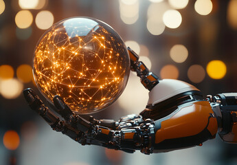 Wall Mural - robot's hand holding a digital sphere with a network and connections on a blurred background, a tech