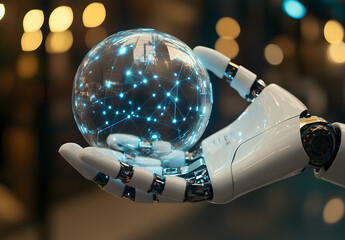 Wall Mural - robot's hand holding a digital sphere with a network and connections on a blurred background, a tech