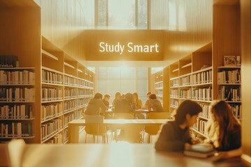 Poster - Modern Library with Students Studying Amidst Books and Bright Ambiance