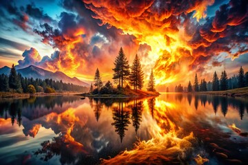 Wall Mural - Captivating Double Exposure Photography of an Explosion of Fire Blending with Majestic Landscapes and Abstract Elements for Dramatic Visual Impact