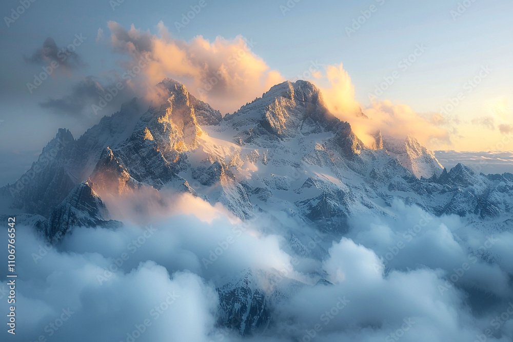 Alpine mountain landscape shrouded in white clouds with a golden glow ...