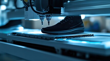 Poster - A shoe being manufactured on an automated production line with precision machinery.