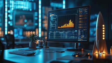 Aufkleber - A modern workspace with a computer displaying data analytics and a rocket model.
