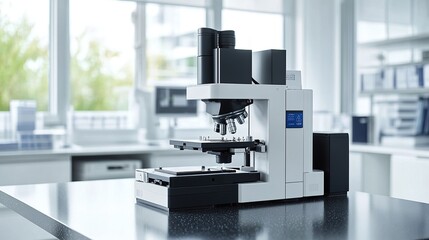 Poster - A modern microscope positioned on a laboratory countertop, designed for scientific research.