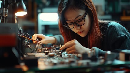 Poster - A focused individual repairs electronic components on a circuit board.