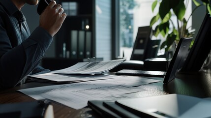 Aufkleber - A person reviewing documents at a desk with plants and natural light.