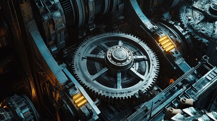 Poster - A close-up of a large gear within a mechanical system, showcasing industrial design.