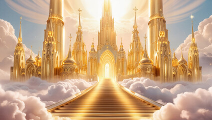 Fototapete - heaven golden city above the clouds created using AI Generative Technology