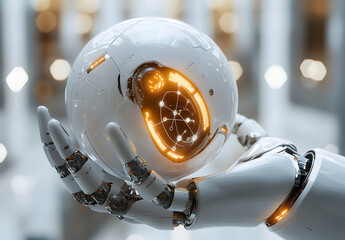 Wall Mural - robot's hand holding a digital sphere with a network and connections on a blurred background, a tech