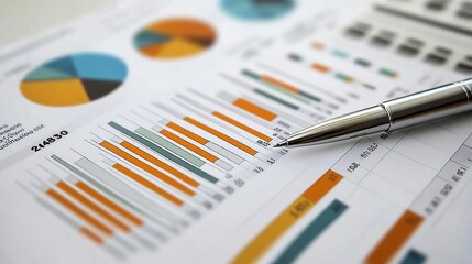 Poster - A close-up of business charts and graphs with a pen for analysis.