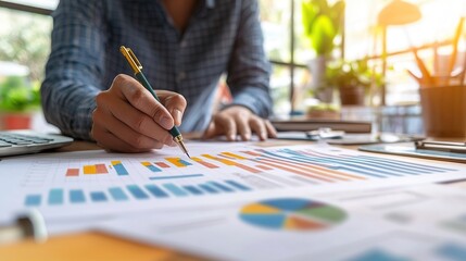 Poster - A person analyzing data charts with a pen in a bright office setting.