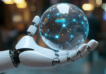 Wall Mural - robot's hand holding a digital sphere with a network and connections on a blurred background, a tech