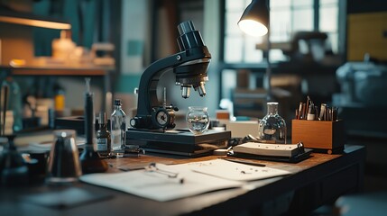 Poster - A laboratory workspace featuring a microscope, glassware, and papers.