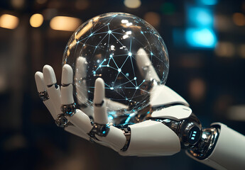 Wall Mural - robot's hand holding a digital sphere with a network and connections on a blurred background, a tech
