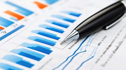Poster - A close-up of a financial report with graphs and a pen for analysis.