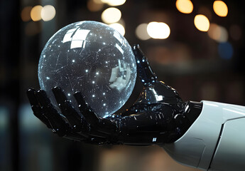 Wall Mural - robot's hand holding a digital sphere with a network and connections on a blurred background, a tech