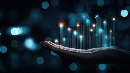 Poster - A hand holding digital arrows representing growth and data trends.