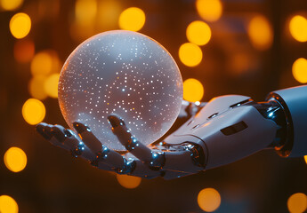 Wall Mural - robot's hand holding a digital sphere with a network and connections on a blurred background, a tech