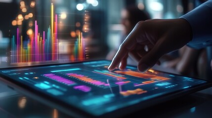 Poster - Interactive data analysis with colorful graphs on a digital tablet.