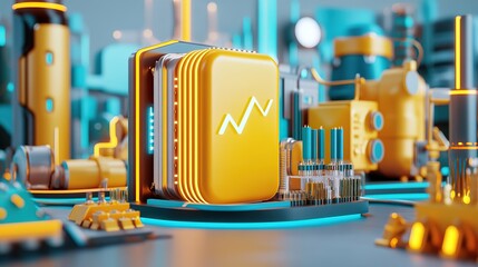 Poster - A vibrant 3D scene featuring a futuristic energy storage device and machinery.