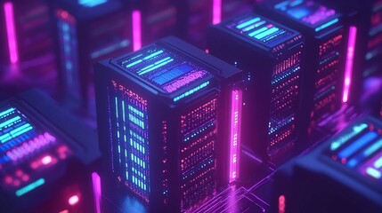 Poster - Futuristic server racks illuminated by vibrant neon lights.