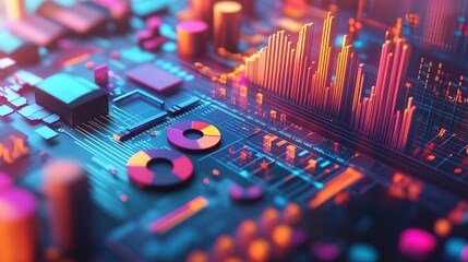 Poster - A vibrant digital landscape featuring charts and graphs on a circuit board.