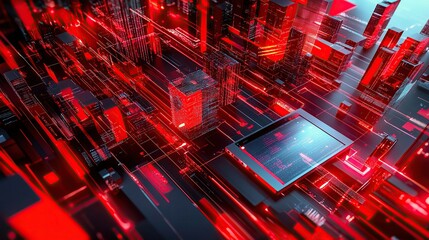 Poster - A futuristic cityscape with glowing red circuitry and digital elements.