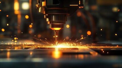 Poster - A close-up of a laser cutting machine emitting sparks during metal fabrication.