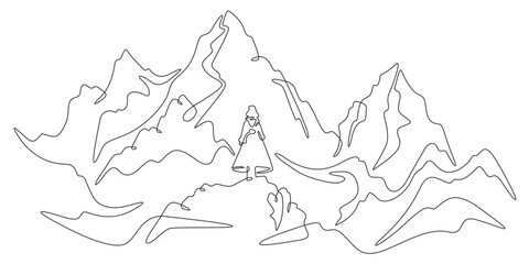 Wall Mural - Continuous one line drawing woman stands at the foot of a mountain. A woman waits in the mountains. Landscape. One continuous line isolated minimal illustration.Not AI.