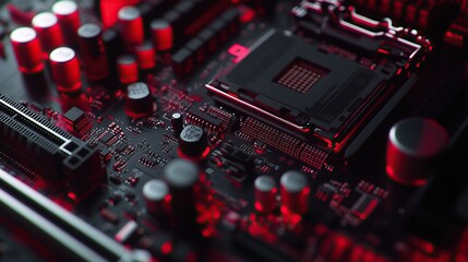 Poster - Close-up of a computer motherboard with red lighting, showcasing electronic components.
