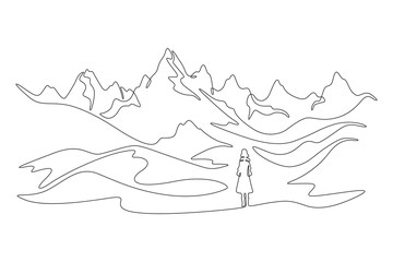 Poster - Continuous one line drawing woman stands at the foot of a mountain. A woman waits in the mountains. Landscape. One continuous line isolated minimal illustration.Not AI.