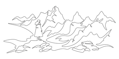 Wall Mural - Continuous one line drawing woman stands at the foot of a mountain. A woman waits in the mountains. Landscape. One continuous line isolated minimal illustration.Not AI.