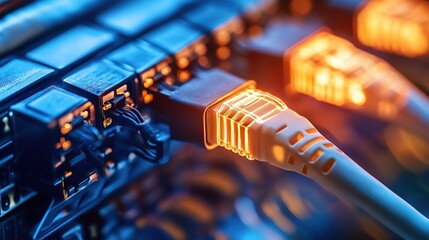 Poster - Close-up of illuminated network cables connected to a server.