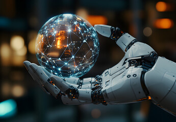 Wall Mural - robot's hand holding a digital sphere with a network and connections on a blurred background, a tech