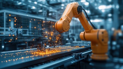 Poster - Robotic arm in a factory setting, manipulating data and materials.