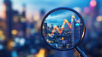 Aufkleber - A magnifying glass reveals a city skyline with a financial graph overlay.
