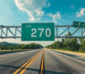 Highway 270 stretches ahead, a journey awaits.  The green road sign stands out against the bright blue sky.