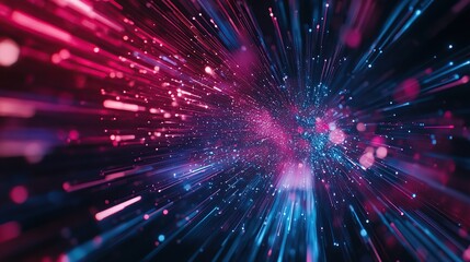 Poster - Abstract visualization of vibrant particles and light beams in motion.