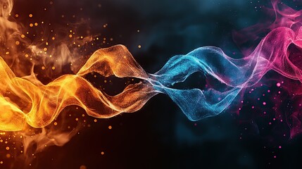 Poster - Abstract waves of orange and blue with particles, creating a dynamic visual effect.