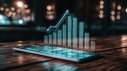 A digital graph rises from a smartphone, representing financial growth, data analysis, and innovative technology against a blurred nighttime background.