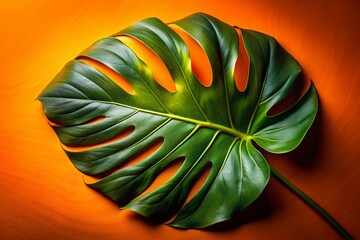 Wall Mural - Captivating Low Light Macro Photography of a Big Green Monstera Leaf Set Against Vibrant Orange Background, Emphasizing Texture and Color Contrast for Nature Lovers